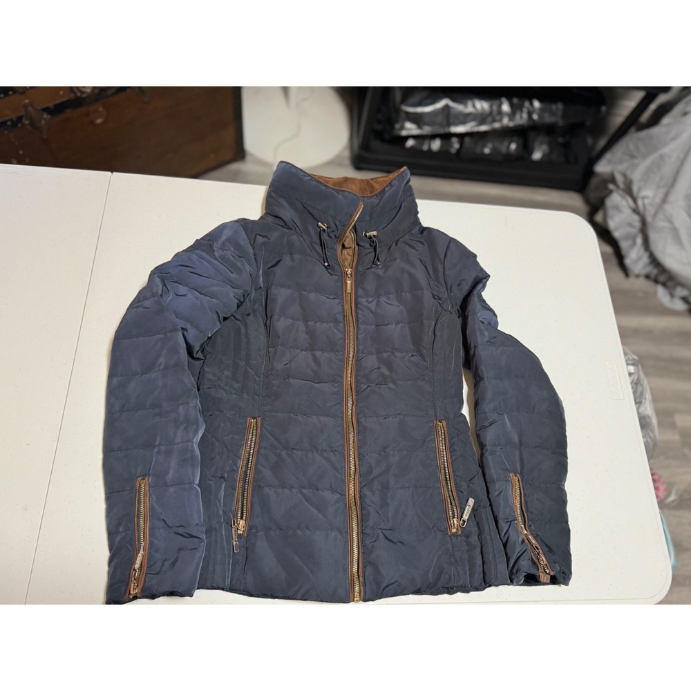 Esprit‎ Puffer Jacket Womens Small Navy Blue Brown Hooded Lightweight Coat